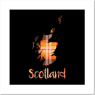 Scotland Red, Yellow, Black and White Tartan Map Typography Design Posters and Art